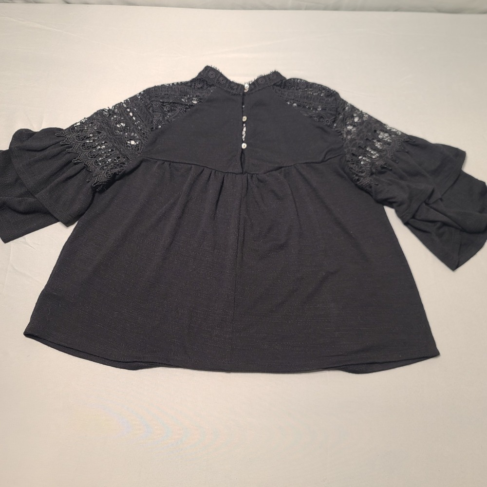 Black Lace Babydoll Blouse Womens Boho Flowy High Neck Long Sleeve Top‎